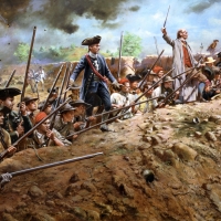 "Bunker Hill" . The Patriot Militia prepare to fire at the oncoming British host during the Battle of Bunker/Breed's Hill , June 17, 1775